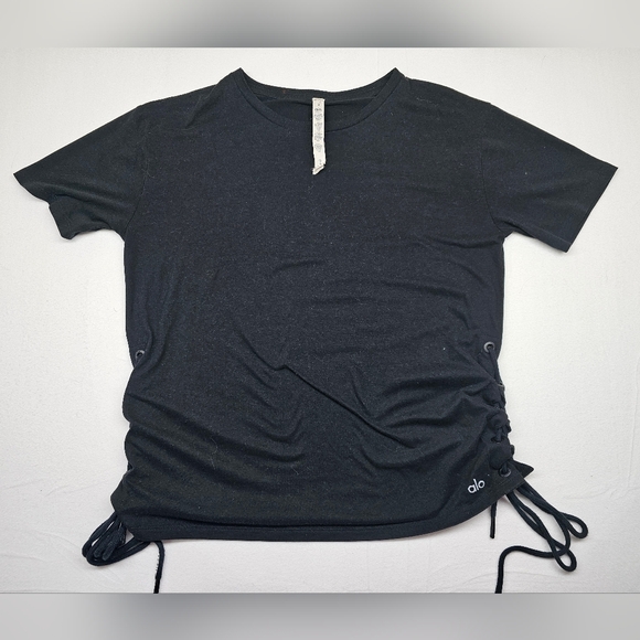 Alo Yoga Black Drawstring Cinched Sides Short Sleeve T-Shirt Womens - Picture 1 of 7